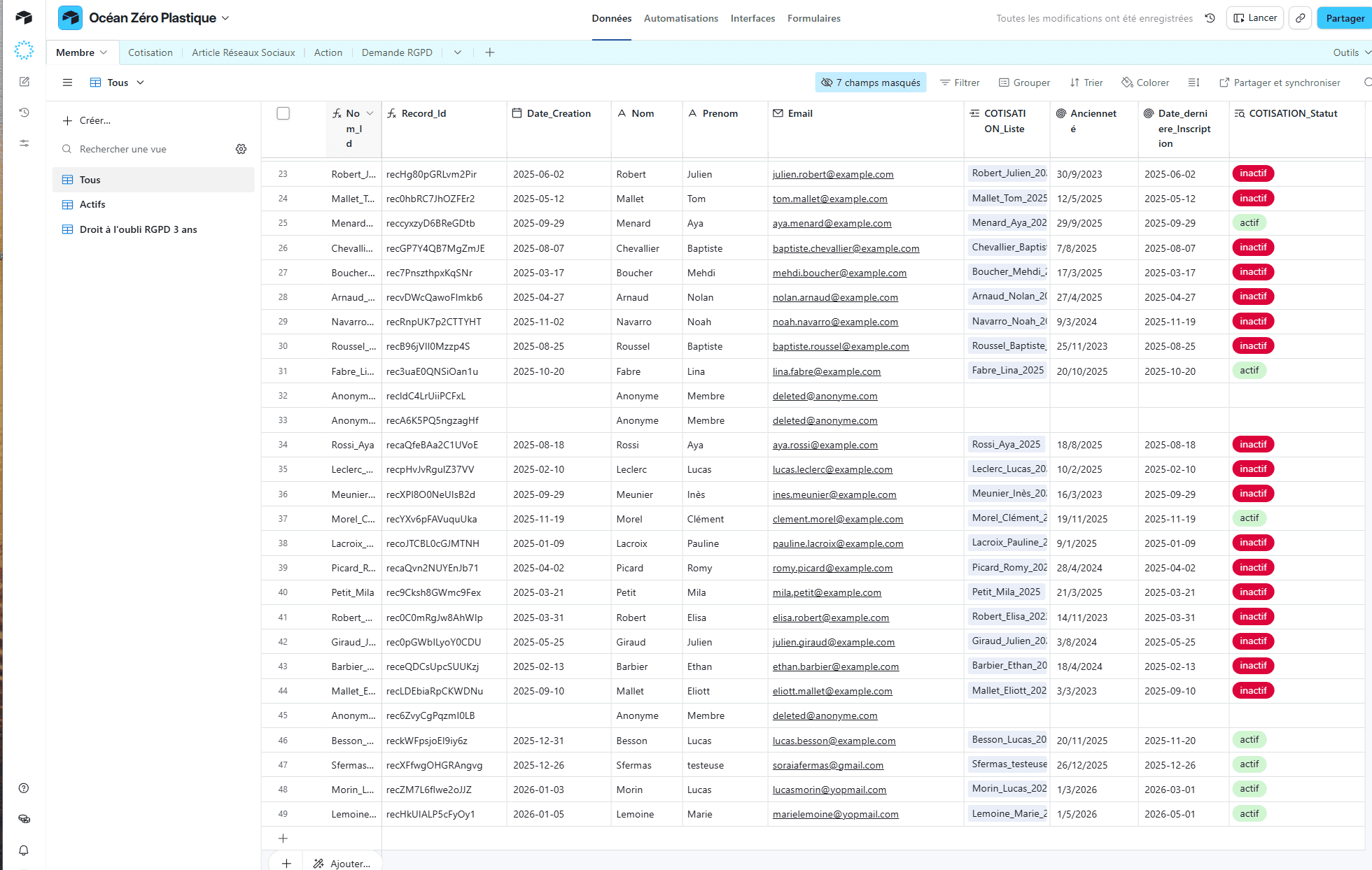 Extrait du tableau Airtable de suivi des adhérents