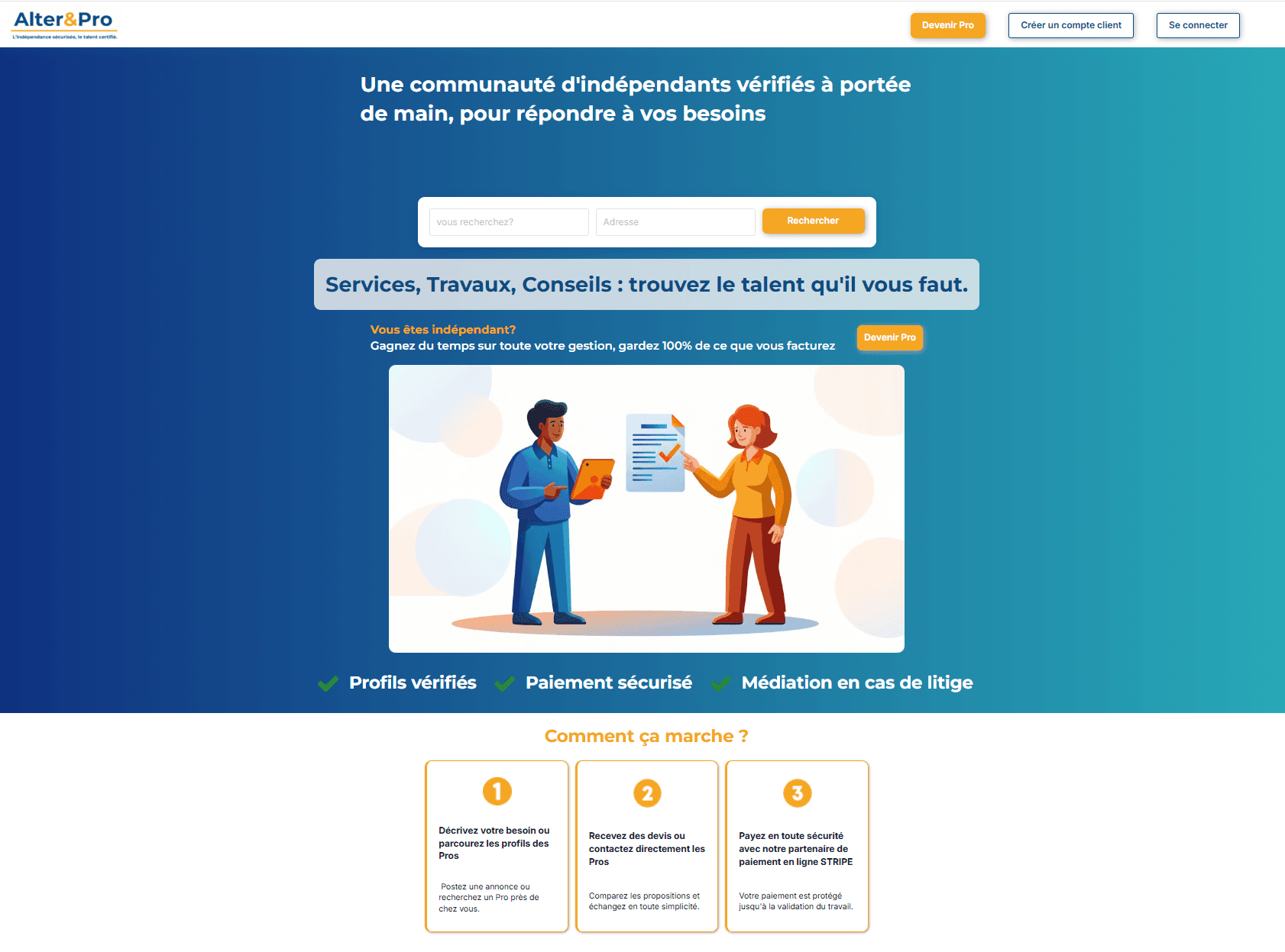 Page d'accueil de la plateforme Alter&Pro